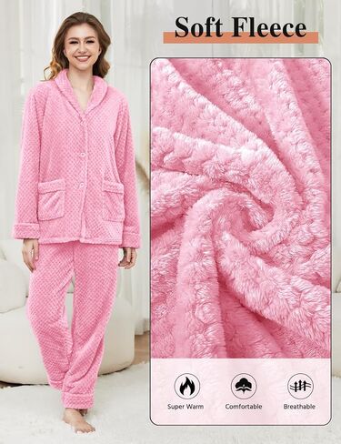 Women's Fleece Pajama Sets with Pockets, Long Sleeves Button Front Warm Pajamas Winter Sleepwear with Notched Collar in Saudi Arabia