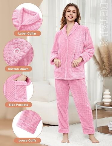 Women's Fleece Pajama Sets with Pockets, Long Sleeves Button Front Warm Pajamas Winter Sleepwear with Notched Collar in Saudi Arabia