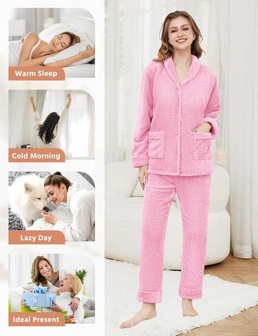 Women's Fleece Pajama Sets with Pockets, Long Sleeves Button Front Warm Pajamas Winter Sleepwear with Notched Collar in Saudi Arabia