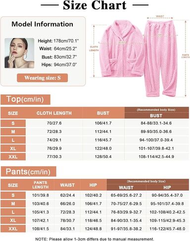 Women's Fleece Pajama Sets with Pockets, Long Sleeves Button Front Warm Pajamas Winter Sleepwear with Notched Collar in Saudi Arabia