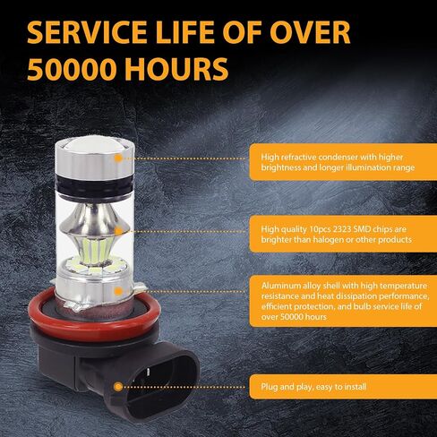 قطعتان من مصابيح الضباب LED للسيارة، قوة عالية 1000LM 100 وات 12-24 فولت، شعاع منخفض للمركبة، ملحقات أضواء السيارات فائقة السطوع مقاومة للماء لسيارة شاحنة المقطورة (الضوء الأبيض #H8/H11) in Saudi Arabia