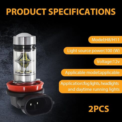 قطعتان من مصابيح الضباب LED للسيارة، قوة عالية 1000LM 100 وات 12-24 فولت، شعاع منخفض للمركبة، ملحقات أضواء السيارات فائقة السطوع مقاومة للماء لسيارة شاحنة المقطورة (الضوء الأبيض #H8/H11) in Saudi Arabia