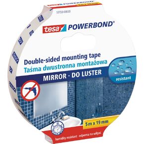 tesa UK tesa Powerbond MIRROR - شريط تثبيت مزدوج الجوانب للمرايا - شريط لاصق مقاوم للرطوبة للحمامات والاستحمام - 5 م × 19 مم، أبيض، مرآة 5 م × 19 مم (55733-00017-02)