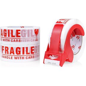BOMEI PACK Fragile Tape - Handle with Care Packing Printing Tape, Fragile Packing Tape with Dispenser - 2 Inch x 330 Feet (110 Yards), Heavy Duty Fragile Tape for Shipping and Moving Boxes, 3 Rolls