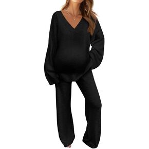 Tankaneo Womens 2 Piece Comfy Sets Fuzzy Fleece Maternity Pajamas Long Sleeve Tops Wide Leg Pants Loungewear