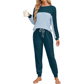 BMJL Womens Waffle Knit Lounge Sets 2 Piece Pajamas Color Block Long Sleeve Pjs Loungewear With Pockets