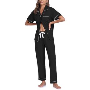 CF Womens 100% Cotton Pajamas Set Button Down Pjs Sets Short Sleeve Top & Long Pants Sleepwear Comfy Loungewear with Pockets
