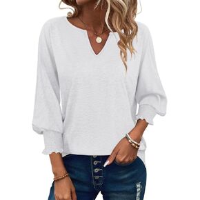PGANDS Women's 3/4 Sleeve V Neck T Shirts Ruffle Sleeve Summer Casual Tops