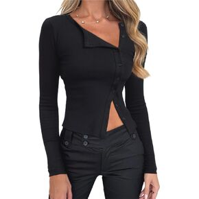 CSDAJIO Asymmetrical Neck Long Sleeve Ribbed Crop Tops for Women Button Up Fall Shirt Casual Basic Tee Top