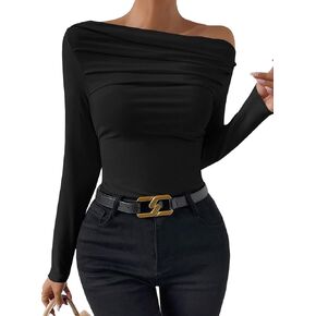 LOLONG Womens Long Sleeve Boat Neck Off Shoulder Ruched Shirts Fall 2024 Ribbed Casual Tops Going Out Blouses