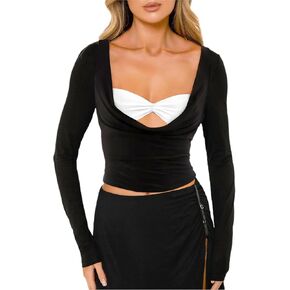 CSDAJIO Women's Sexy Draped Cowl Neck Long Sleeve Cut Out T Shirt Low Cut Fitted Top Ruched Going Out Shirts