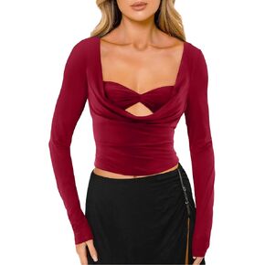 CSDAJIO Women's Sexy Draped Cowl Neck Long Sleeve Cut Out T Shirt Low Cut Fitted Top Ruched Going Out Shirts in Kuwait