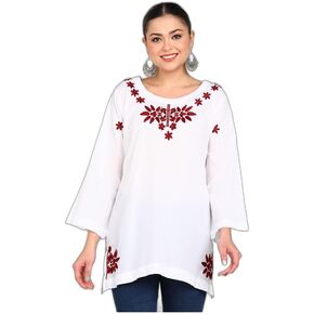 Women's Chikan Embroidery Cotton Cmabric Straight Short Kurti