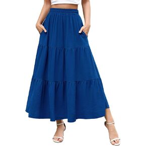 Berydress Long Skirts for Women with Pockets Trendy Elastic High Waist Flowy Swing A Line Ruffle Tiered Maxi Skirt