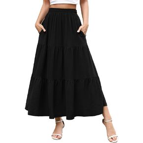 Berydress Long Skirts for Women with Pockets Trendy Elastic High Waist Flowy Swing A Line Ruffle Tiered Maxi Skirt