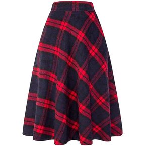 Women's Long Plaid Wool Skirt Fall Winter High Waist A-line Pleated Wool Tartan Skirts