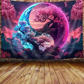 JAWO Tree Life Tapestry Aesthetic, Colorful Pink Flowers Sun and Moon Art Tapestry Wall Hanging for Girls Bedroom, Cool Nature Galaxy Yin Yang Anime Tapestries Poster of Dorm Home Decor 60X40 Inches