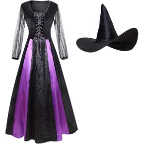 TOONRAIN Women Wicked Witch Costume Purple Long Sorceress Halloween Cosplay Dress