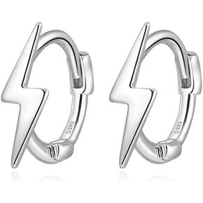 Reffeer Solid 925 Sterling Silver Lightning Bolt Hoop Earrings for Women Teens Lightning Hoop Earrings Cartilage Huggie Earrings