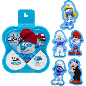 BioSwiss Bandages, The Smurfs in 3D Shaped Self Adhesive Bandage, Latex Free Sterile Wound Care, Fun First Aid Kit Supplies for Kids and Adults, 50 Count