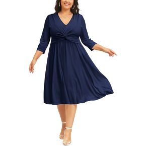 Plus Size Dress for Women Twist Knot V Neck 3/4 Sleeves A Line Wedding Guest Midi Dresses
