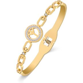 Stainless Steel 18K Gold Silver Plated Crystal Cool Peace Sign Bracelet 70S Hippie Symbol Cuff Bangle Birthday Jewelry For Women Hippy Punk Charms Friendship Gifts