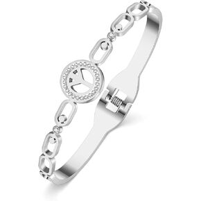 Stainless Steel 18K Gold Silver Plated Crystal Cool Peace Sign Bracelet 70S Hippie Symbol Cuff Bangle Birthday Jewelry For Women Hippy Punk Charms Friendship Gifts