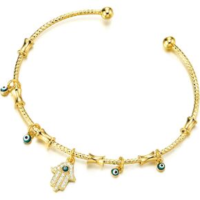 COOLSTEELANDBEYOND Womens Gold Color Hamsa Hand of Fatima Evil Eye Charm Cuff Bangle Bracelet, Elastic Adjustable