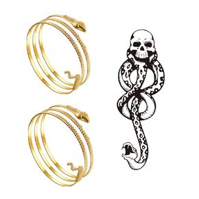 Snake Temporary Tattoos and 2 Pack Metal Snake Armband Swirl Snake Spiral Upper Arm Cuff Armlet Bangle Bracelet Egyptian Costume Accessory for Women Gold