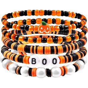 Halloween Bracelets for Women Halloween Beaded Bracelets Set Boo Skull Pumpkin Spider Witch Bat Barcelets Halloween Bracelets Bulk Stackable Stretch Bracelets Halloween Jewelry Costume Accessories