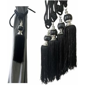 1 Pair 30.5" Beaded Tassels Curtain Tiebacks Rope Holdbacks for Thick Curtains or Screens,for Home Bedroom, Office or School Decoration - (Black)