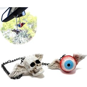 2 PCS Car Horror Style Decorative Pendant, Simulated Eyeball Skull with Wings Pendant, Halloween Horror Style Decoration, Universal for Most Cars (White)