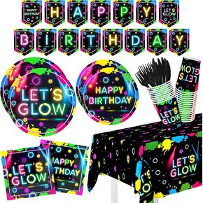 Neon Birthday Party Decorations, Glow Neon Party Tableware Supplies Includes Neon Plates and Napkins, Glow in the Dark Tablecloths, Serve 24