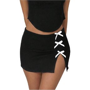 Floerns Women's Low Waist Bowknot Front Split Hem Party Bodycon Mini Skirt