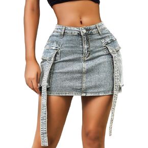 Women’s Low Waist Denim Skirt Button Mini Cargo Jean Y2K Skirts with Pockets