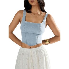 SHENHE Women's Denim Tank Top Sleeveless Square Neck Backless Slim Fit Y2k Crop Top