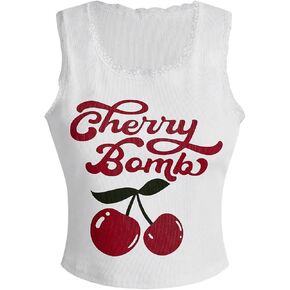 SHENHE Women's Plus Size Letter Cherry Print Lace Tank Top Crewneck Rib Knit Vest Top