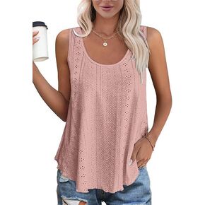 Womens Tank Tops Eyelet Embroidery Scoop Neck Sleeveless Shirts for Casual Loose Fit Basic 2024 Summer Tops