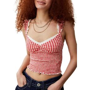 Y2k Plaid Cami Tank Tops for Women Spaghetti Strap Lace Trim Cami Crop Top Cute Gingham Going Out Camisoles