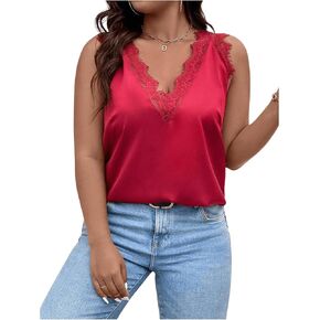 SHENHE Women's Plus Size Lace Trim V Neck Sleeveless Satin Loose Tank Elegant Top Shirt