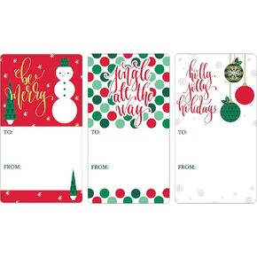 Red and Green Christmas Gift Tags, Self-Adhesive Stickers – 75 Labels, Retro Ornaments and Geometric Holiday Gift Wrap Tags