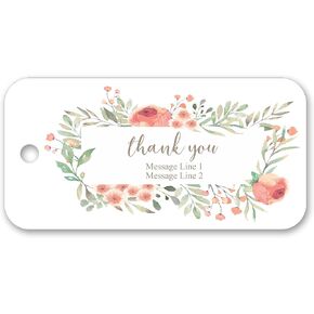 Personalized Custom Party Wedding Favor Gift Bag Tags, Thank You Watercolor Floral Design - 1.5" x 3" - 30ct
