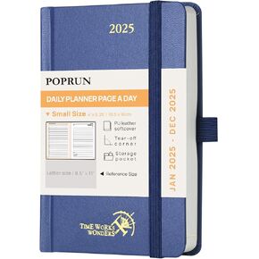POPRUN 2025 Daily Planner One Page Per Day Even Weekends A5 Size (5.5" x 8.5") - 2025 Daily Calendar Hourly Appointment Book with Pocket, Monthly Tabs, Pen Holder, Hardcover - Pacific Green