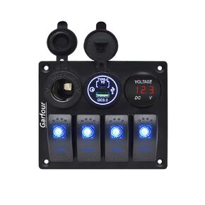 Marine Waterproof Boat Switch Panel Aluminium Panel with 12V Voltmeter Type-C and QC3.0 USB Charging Socket Rocker Witch Panel for Car Boat