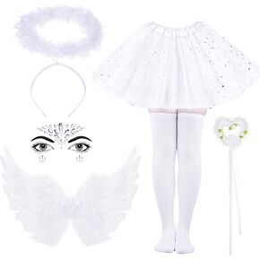 6Pcs White Angel Costume Set Feather Angel Wings Halo Headband High Tights Wand Tutu Skirt for Girls Cosplay