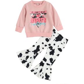 Hnyenmcko Toddler Western Baby Girl Clothes Bell Bottom Outfits Long Sleeve Cowgirl Sweatshirt + Cow Print Pants Fall Outfit (Cow-Beige Yellow, 12-18 Months)