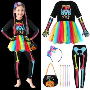 Girls Halloween Skeleton Costume Set Glow in The Dark Light up Tutu Skirt Pumpkin Trick or Treat Bag Braid Hair Clip