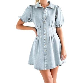 AMRSPENG Denim Dress for Women Puff Sleeve Slim Fit Jean Dresses for Women 2023 Summer Casual