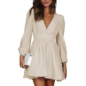 Women's Summer Deep V-Neck Long Sleeve Mini Skirt High Waist Ruffled French Dress Elastic Waist Casual Dress