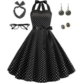 Women 1950s Vintage Polka Dot Dress Retro Cocktail Party Swing Dresses with 50s Accessories